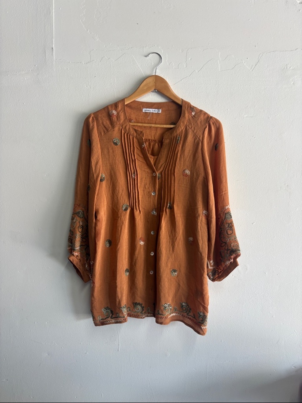 Anthropologie  Embroidered Pintuck Button-Front Tunic